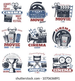 Colorful isolated cinema emblems with camera megaphone other film making stuff and editable text captions vector illustration