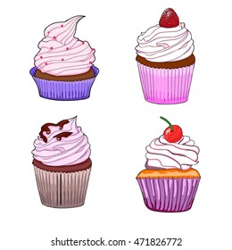 Colorful Isolated Cupcake Set.  Cupcake with raspberries, confetti, cherries and chocolate. Happy birthday cupcake. Vector illustration. Hand drawing.