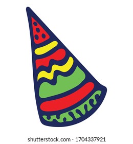 Colorful Isolated Doodle Sketch Vector Illustration. Hand-Drawn Birthday Cap For Print, T-Shirt, Card, Game, Kid, Design. Illustration For Holiday, Birthday, Wedding On White Background.