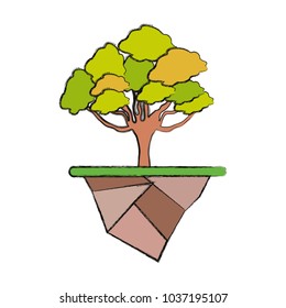 Colorful isolated elm tree and earth piece doodle vector illustration