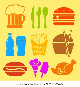 colorful isolated fast food ingredient icon set