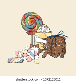 Colorful isolated hand drawn set of sweets.