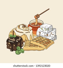 Colorful isolated hand drawn set of sweets.