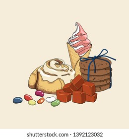 Colorful isolated hand drawn set of sweets.