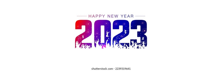 Colorful isolated Happy New Year 2023 text with group of people background celebrating new year 2023. Fun, Party, and invitation card design.