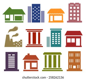 colorful isolated icons with urban architecture silhouette