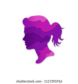 Colorful isolated line cut gradient silhouette of woman's face profile. Pink purple gradient.Concept gradient, beautiful, face, illustration, silhouette, female, head, symbol, beauty, side.