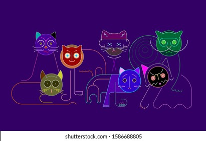 Colorful isolated on a dark blue background Group of Cats vector illustration. 