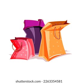 Colorful isolated paper bag on white background. Shopping flat cartoon vector illustration for poster, web design, banner, card, flyer, icon, logo or badge.