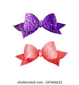 Colorful isolated shiny bows. Purple and red textured tied ribbons. Glitter vector elements.