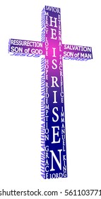 A colorful isolated vector cross illustration made of religious words, representing Jesus resurrection on Easter Sunday.  