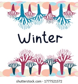 Colorful isolated vector design illustration card with winter trees 