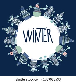 Colorful isolated vector design illustration card with snow people in sweaters