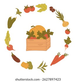 Colorful isolated vector featuring fresh vegies arranged in a circular design around a wooden crate with pumpkin. Vibrant farm produce incl. carrots, tomatoes, eggplant, and others in warm tones.