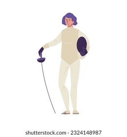 Colorful isolated vector Fencer stands and poses illustration. Fencing athlete workout on white background. Fencing player training. Cartoon swordsman in protective sportswear with rapier
