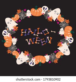 Colorful isolated vector Halloween frame illustration with ghost, spider net and pumpkin on dark background. Perfect for decorations, cards, advertisements, stickers