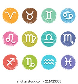 Colorful isolated vector horoscope icon set in grunge crayon style, white color astrology simbols