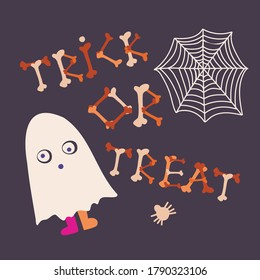 Colorful isolated vector trick or treat illustration with ghost and spider net on violet background. Happy Halloween decorative design. Perfect for decorations, cards, advertisements, stickers