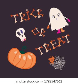 Colorful isolated vector trick or treat illustration whit ghost, spider net and pumpkin on dark background. Happy Halloween decorative design. Perfect for decorations, cards, advertisements, stickers