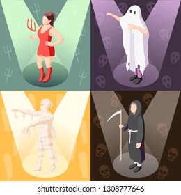 Colorful isometric 2x2 design concept with people wearing scary cosplay costumes of mummy demon ghost death 3d isolated vector illustration