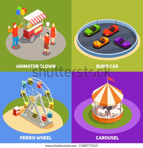 Colorful isometric 2x2 design concept with\
clowns carousel bump cards ferris wheel in amusement park 3d\
isolated vector\
illustration