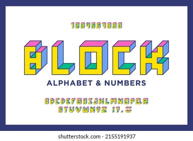 Colorful Isometric 3d alphabet. Retro block font. Letters and numbers in the style of 80s, 90s. Flat digital pixel style. 8 bit cubic alphabet in perspective. Vector illustration.