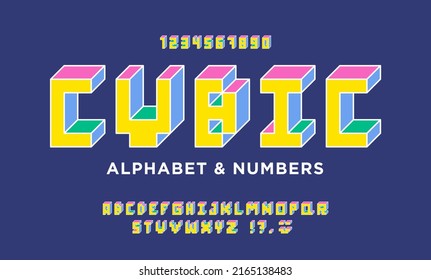 Colorful Isometric 3d alphabet. Retro cubic font. Letters and numbers in the style of 80s, 90s. Flat digital pixel style. 8 bit cubic alphabet in perspective. Vector illustration.