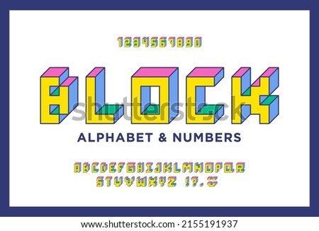 Colorful Isometric 3d alphabet. Retro block font. Letters and numbers in the style of 80s, 90s. Flat digital pixel style. 8 bit cubic alphabet in perspective. Vector illustration.