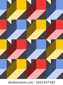 Colorful isometric 3D block pattern with long shadows on a light background, ideal for modern art, textiles, and graphic design projects.