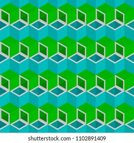 Colorful isometric 3d boxes, rhombus and hexagon pattern seamless vector background.
