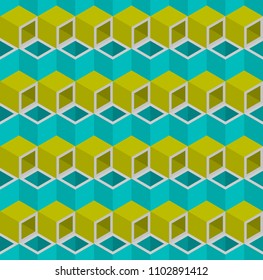 Colorful isometric 3d boxes, rhombus and hexagon pattern seamless vector background.