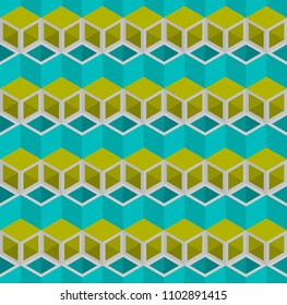 Colorful isometric 3d boxes, rhombus and hexagon pattern seamless vector background.