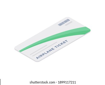 Colorful isometric 3d vector illustration of cartoon airplane ticket with inscription for travel and tourism concept isolated on white background
