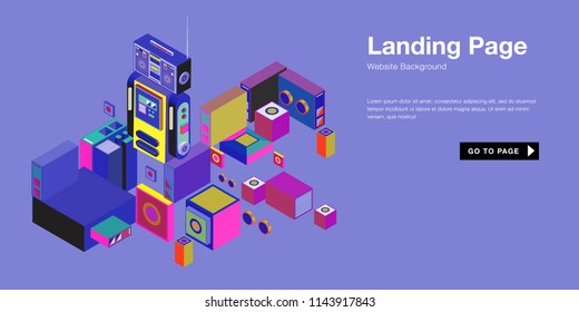 Colorful isometric 3d website background template. Trendy isometric illustration and banner layout design composition. Eps10 vector.
