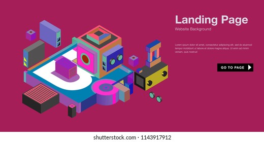 Colorful isometric 3d website background template. Trendy isometric illustration and banner layout design composition. Eps10 vector.
