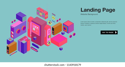 Colorful isometric 3d website background template. Trendy isometric illustration and banner layout design composition. Eps10 vector.
