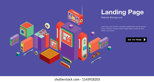 Colorful isometric 3d website background template. Trendy isometric illustration and banner layout design composition. Eps10 vector.
