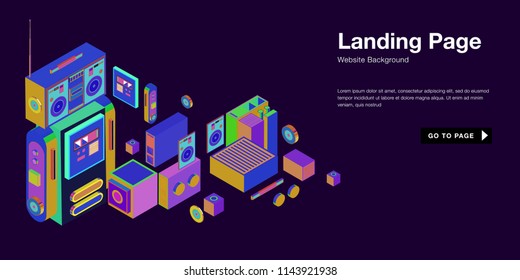 Colorful isometric 3d website background template. Trendy isometric illustration and banner layout design composition. Eps10 vector.