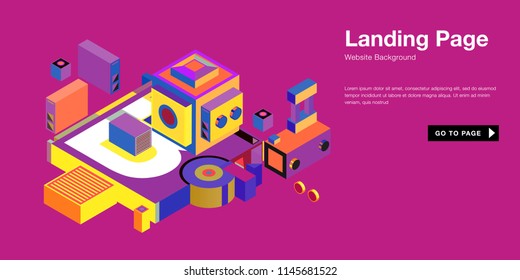 Colorful isometric 3d website background template. Trendy isometric illustration and banner layout design composition. Eps10 vector.
