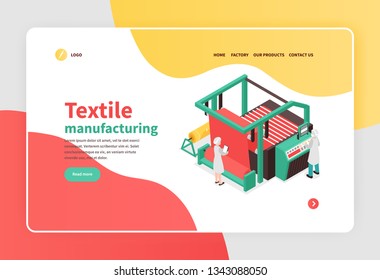 Colorful isometric banner with textile factory equipment concept 3d vector illustration