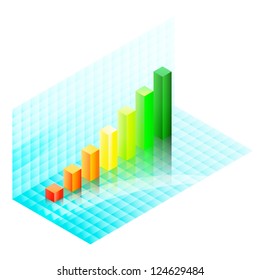 Colorful isometric bar chart over the shiny blue glass background. Eps10