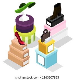 Colorful isometric boxes with hats bags shoes heels in shop