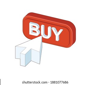 Colorful Isometric buy button. Mouse pointer arrow clicked or cursor click line art icon for apps and websites. Buy button with cursor arrow, perspective illustration for your web page. Vector, eps
