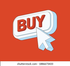 Colorful Isometric buy button. Mouse pointer arrow clicked or cursor click line art icon for apps and websites. Buy button with cursor arrow, perspective illustration for your web page. Vector, eps
