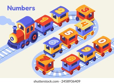 Colorful isometric cartoon toy train with numbers on carriages, against a plain background, concept of learning numbers. Vector illustration