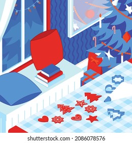 Colorful isometric Christmas illustration - baking gingerbread cookies. Vector illustration in flat design. Holiday season picture in red, blue and white. Christmas tree and presents. 