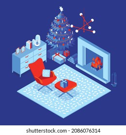 Colorful isometric Christmas illustration showing an interior with furniture, fireplace and Christmas decorations. Vector illustration in flat design. Holiday season picture in red, blue and white. 
