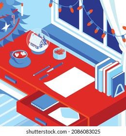 Colorful isometric Christmas illustration showing an interior with furniture and decorations. Vector illustration in flat design. Holiday season picture in red, blue and white. Letter to Santa.