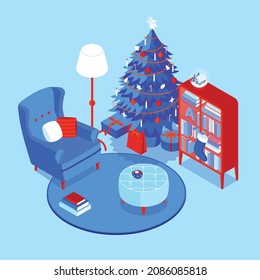 Colorful isometric Christmas illustration showing an interior with furniture and Christmas tree, decorations. Vector illustration in flat design. Holiday season picture in red, blue and white. 