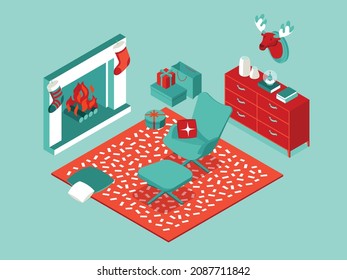 Colorful isometric Christmas illustration showing an interior with furniture, fireplace and Christmas decorations. Vector illustration in flat design. Holiday season picture in red, green and white. 